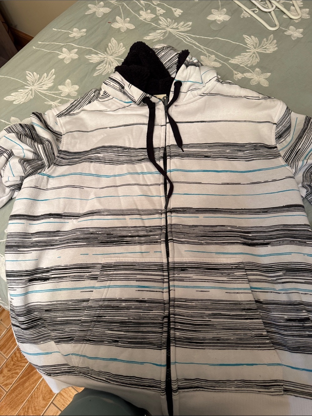 Faded Glory White Hoodie Jacket with Black Stripes and Blue Accents